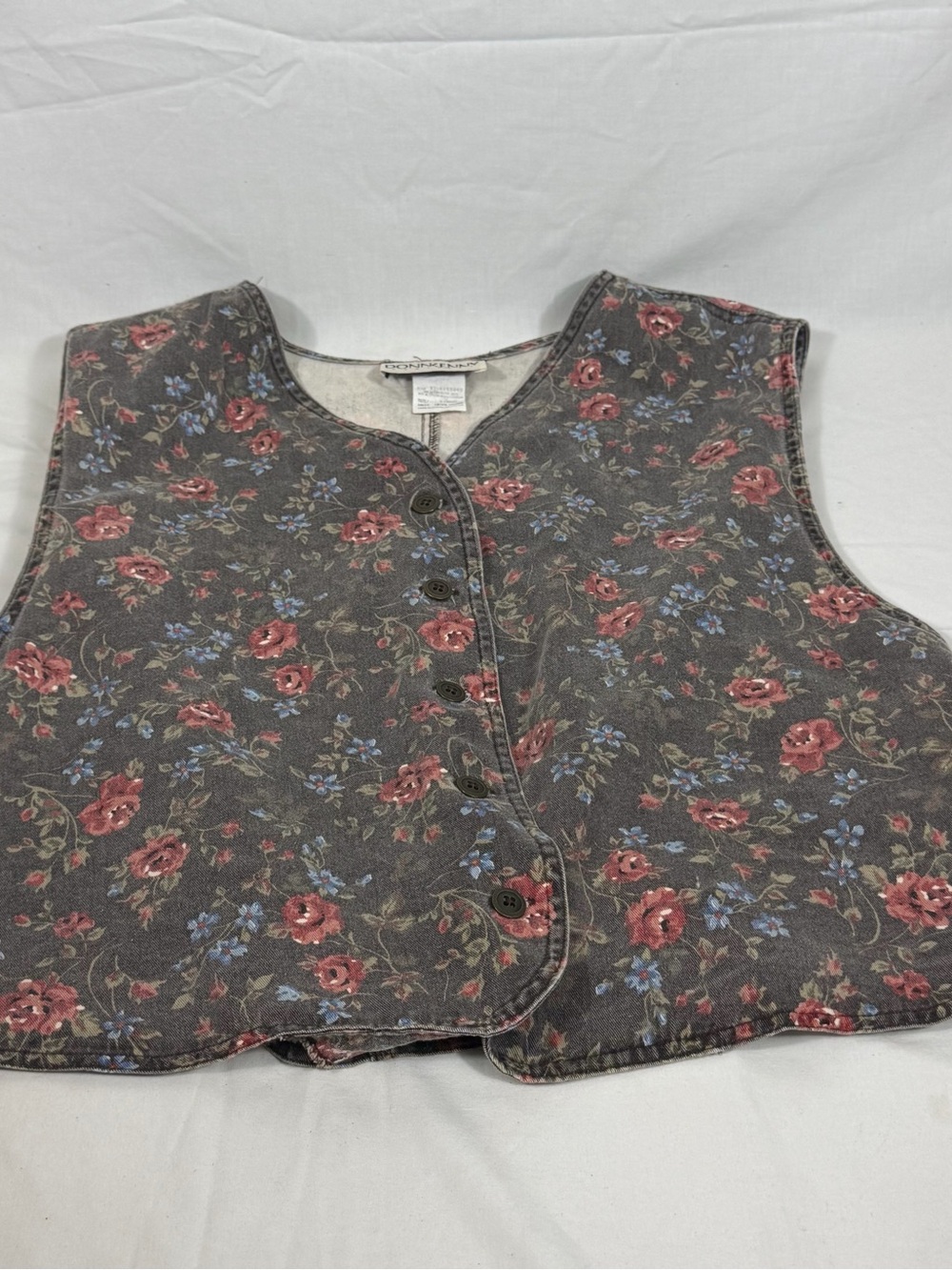 Donnkenny Vintage Floral Vest Button Up Cinch Back Cottagecore Tapestry Print XL